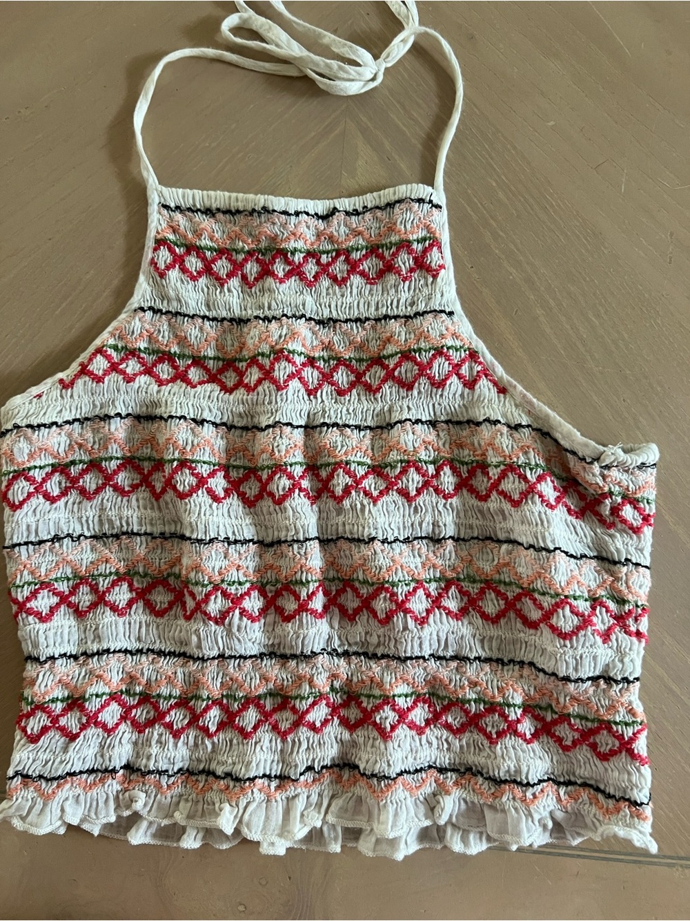 American Eagle Outfitters Ivory Smocked Halter Tank with Red & Peach Embroidery